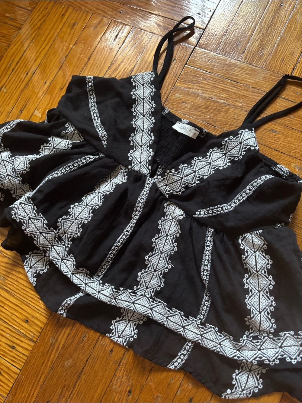 Illa Illa Black Cami Top with White Embroidery